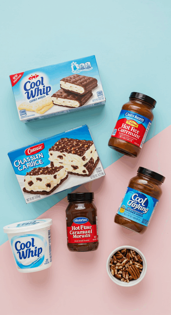 The 5 simple, store-bought ingredients for the easy Ice Cream Sandwich Cake recipe.