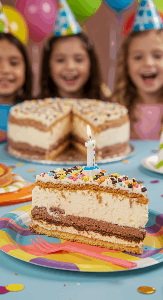 A festive slice of Ice Cream Sandwich Cake with a candle on a plate at a birthday party.