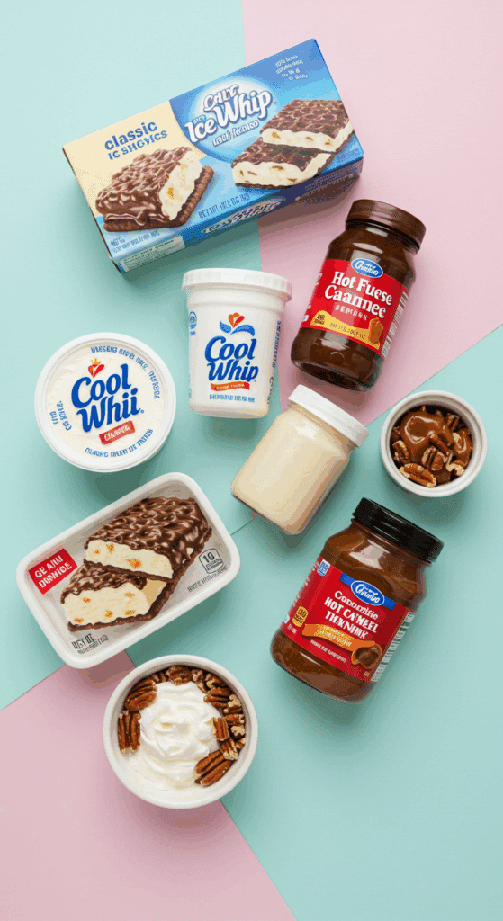The 5 simple, store-bought ingredients for the easy Ice Cream Sandwich Cake recipe.