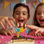 A child at a birthday party, excited to eat a slice of the Ice Cream Sandwich Cake.