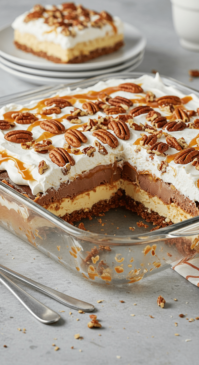 A beautiful, layered Ice Cream Sandwich Cake in a glass dish with one perfect slice removed.