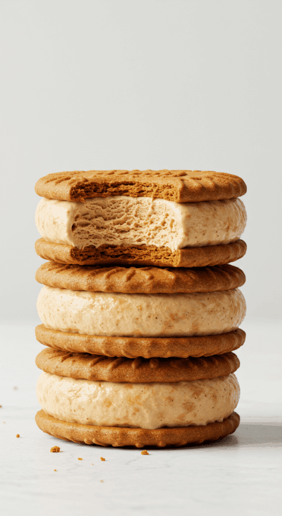 A stack of three delicious, homemade Biscoff Ice Cream Sandwiches with a bite taken out of one.