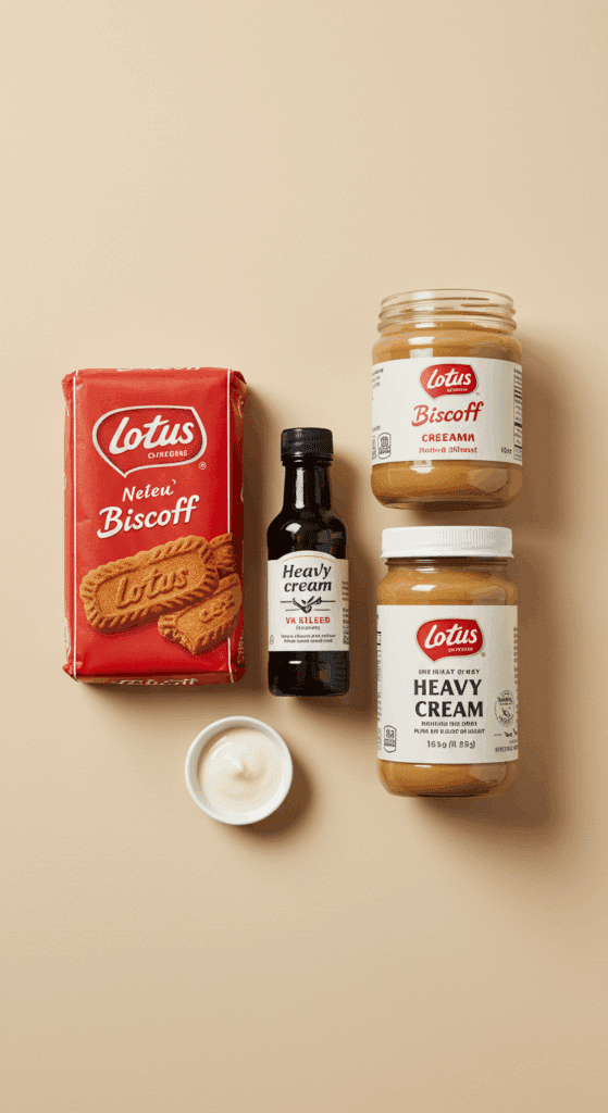 The 4 simple ingredients for the homemade Biscoff Ice Cream Sandwiches recipe.