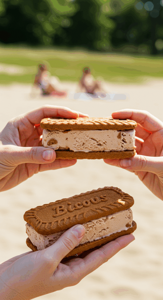 A hand holding a large, homemade Biscoff Ice Cream Sandwich on a sunny day.