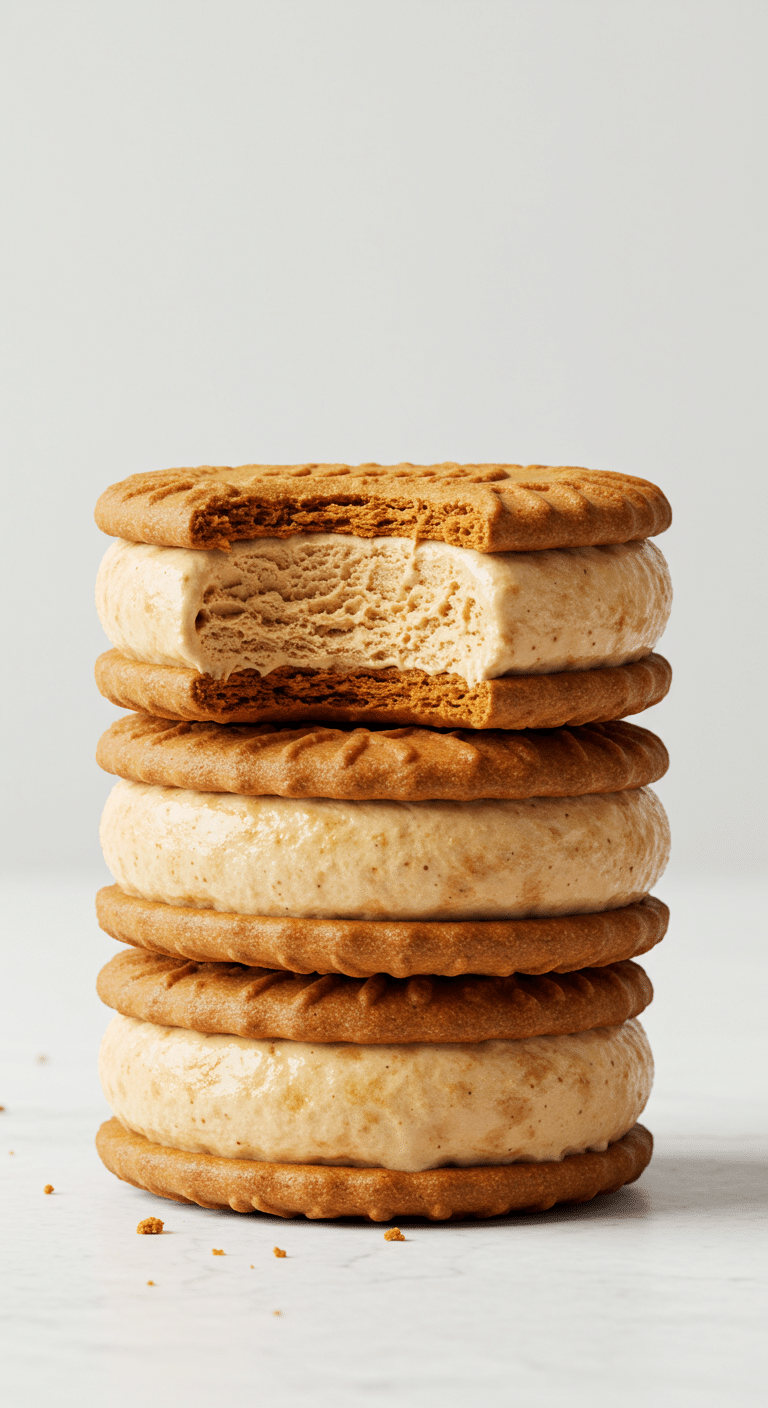 A stack of three delicious, homemade Biscoff Ice Cream Sandwiches with a bite taken out of one.