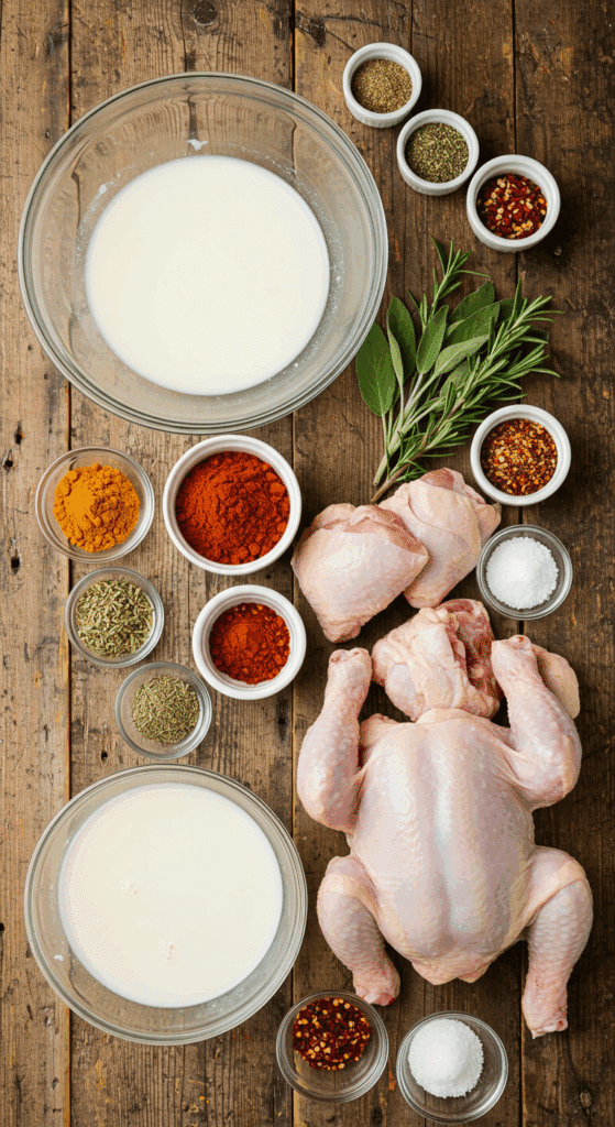 The fresh, rustic ingredients for the classic Buttermilk Fried Chicken recipe.