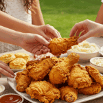 A platter of crispy Buttermilk Fried Chicken being served at a happy family dinner.
