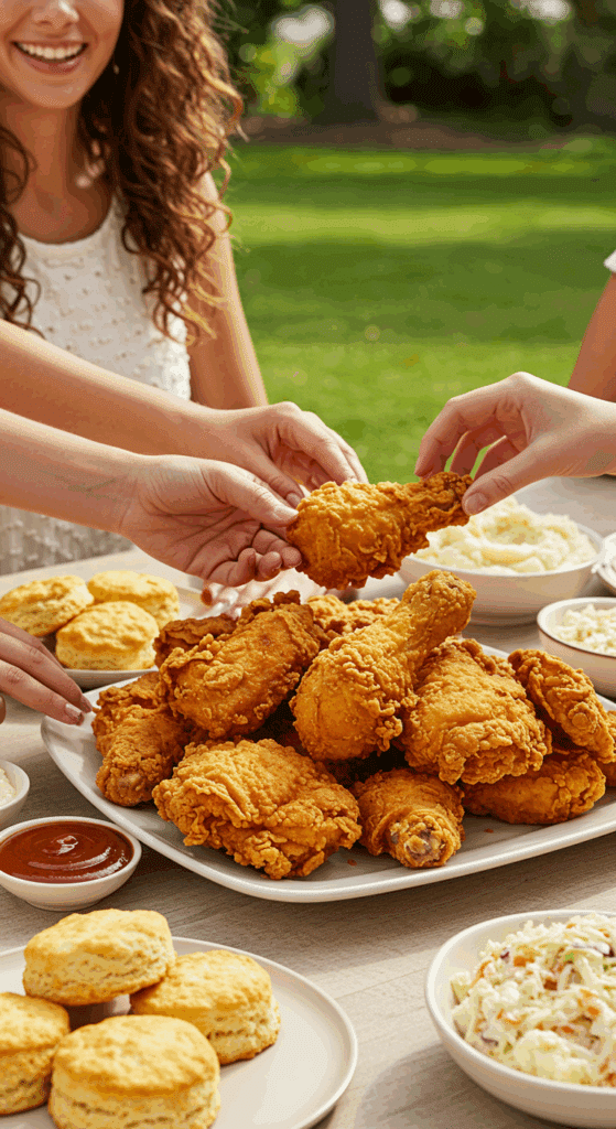 A platter of crispy Buttermilk Fried Chicken being served at a happy family dinner.