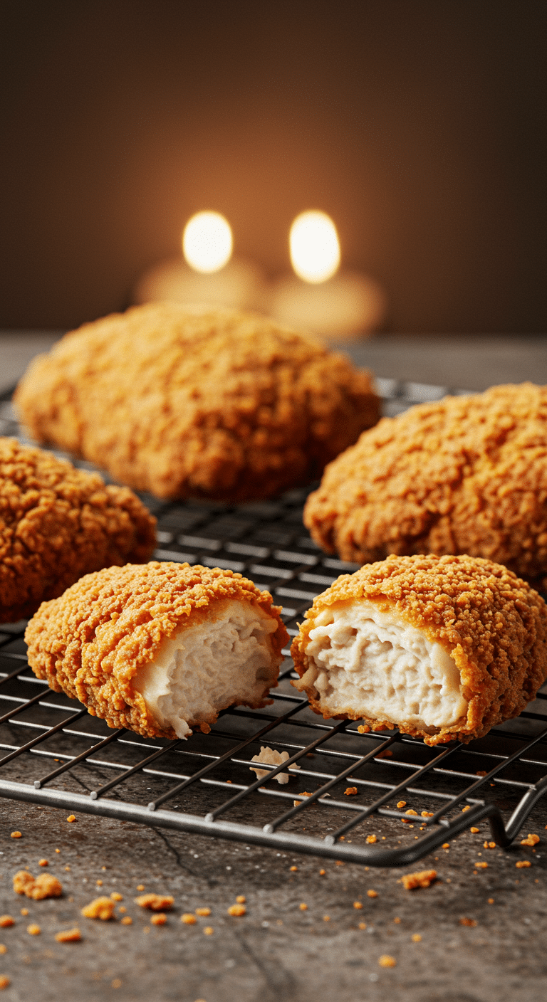 Several pieces of perfectly golden-brown and crispy, juicy homemade Buttermilk Fried Chicken on a wire rack.