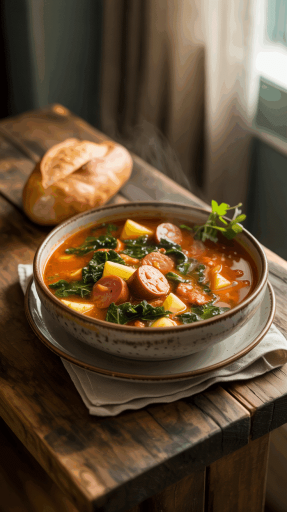 A hearty bowl of authentic Portuguese Chourico and Kale Soup with a piece of crusty bread.