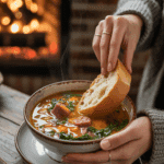 A person enjoying a warm bowl of Portuguese Chourico and Kale Soup by dipping crusty bread into it.