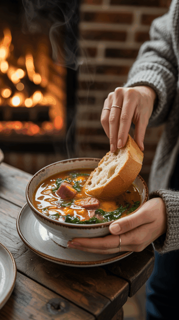 A person enjoying a warm bowl of Portuguese Chourico and Kale Soup by dipping crusty bread into it.