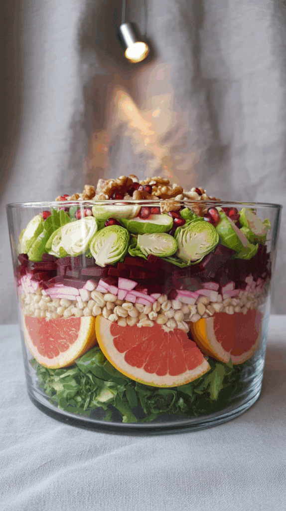 A beautiful Winter Layered Salad with Beets and Brussels Sprouts in a large glass bowl.