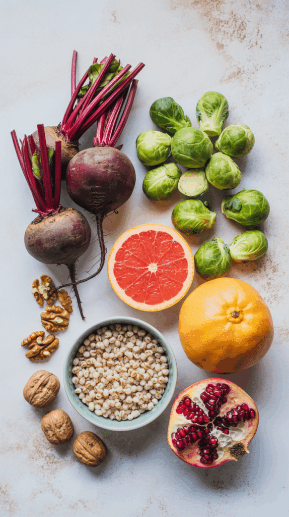 The fresh, colorful ingredients for the Winter Layered Salad with Beets and Brussels Sprouts.