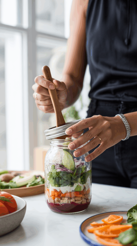 A person shaking a jar of the Winter Layered Salad to mix in the dressing.