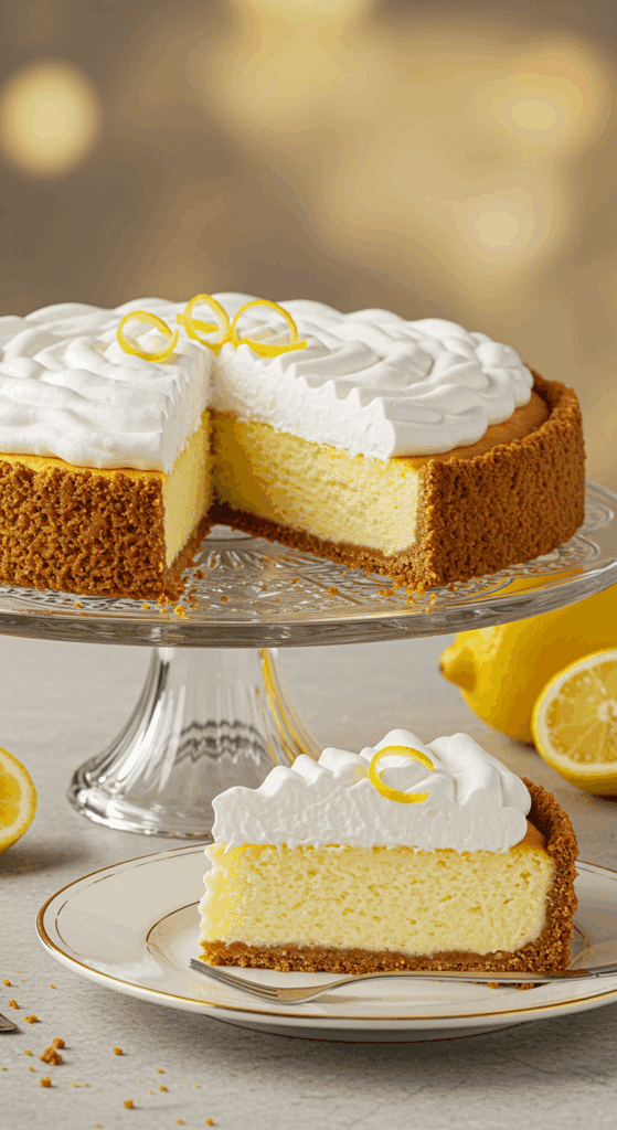 A beautiful, light and airy Lemon Chiffon Pie on a cake stand with one perfect slice removed.