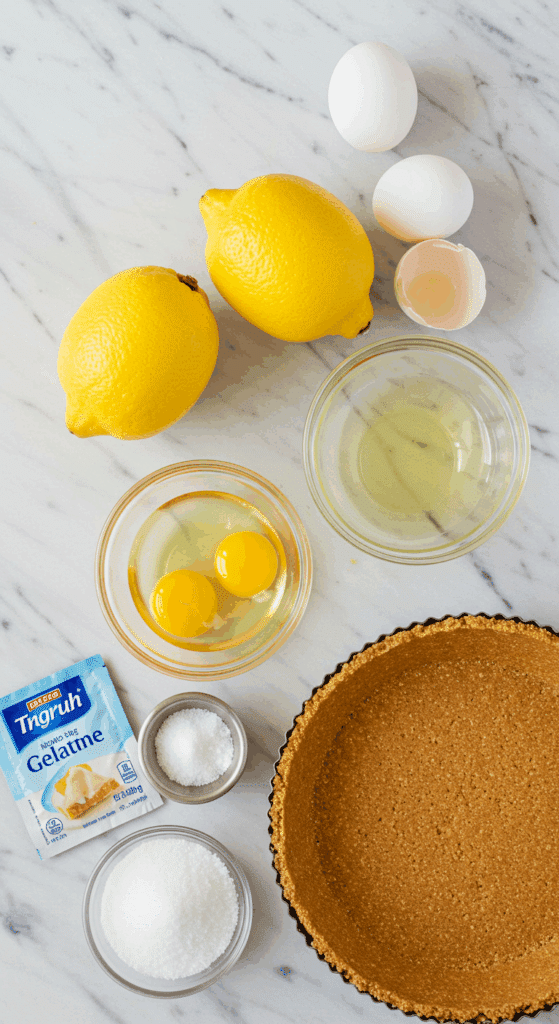 The simple, classic ingredients for the Lemon Chiffon Pie recipe.