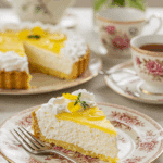A perfect slice of Lemon Chiffon Pie being served at an elegant spring luncheon.