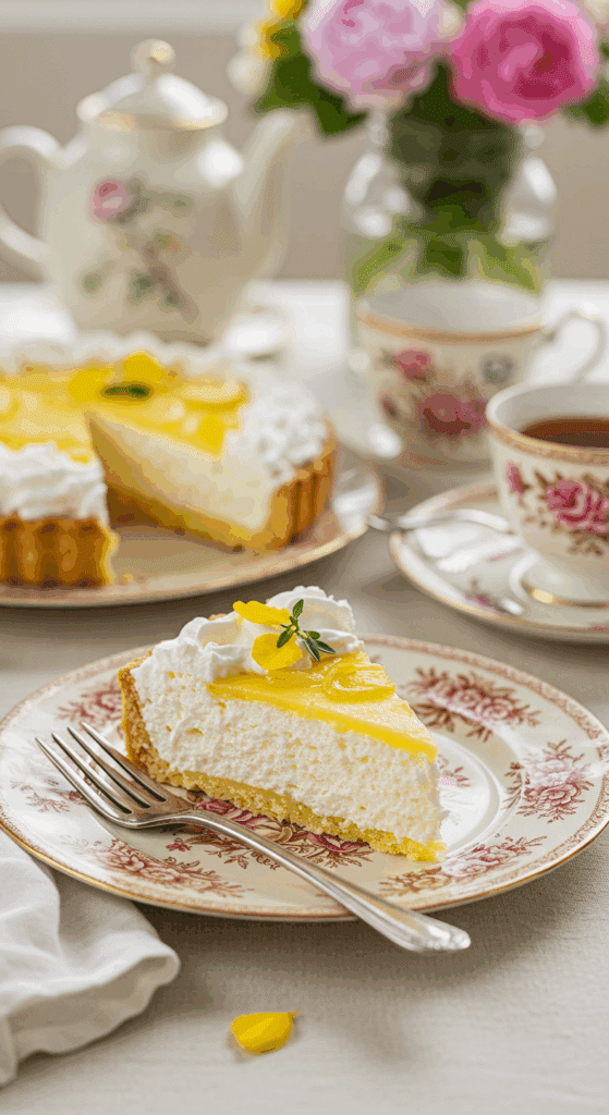 A perfect slice of Lemon Chiffon Pie being served at an elegant spring luncheon.