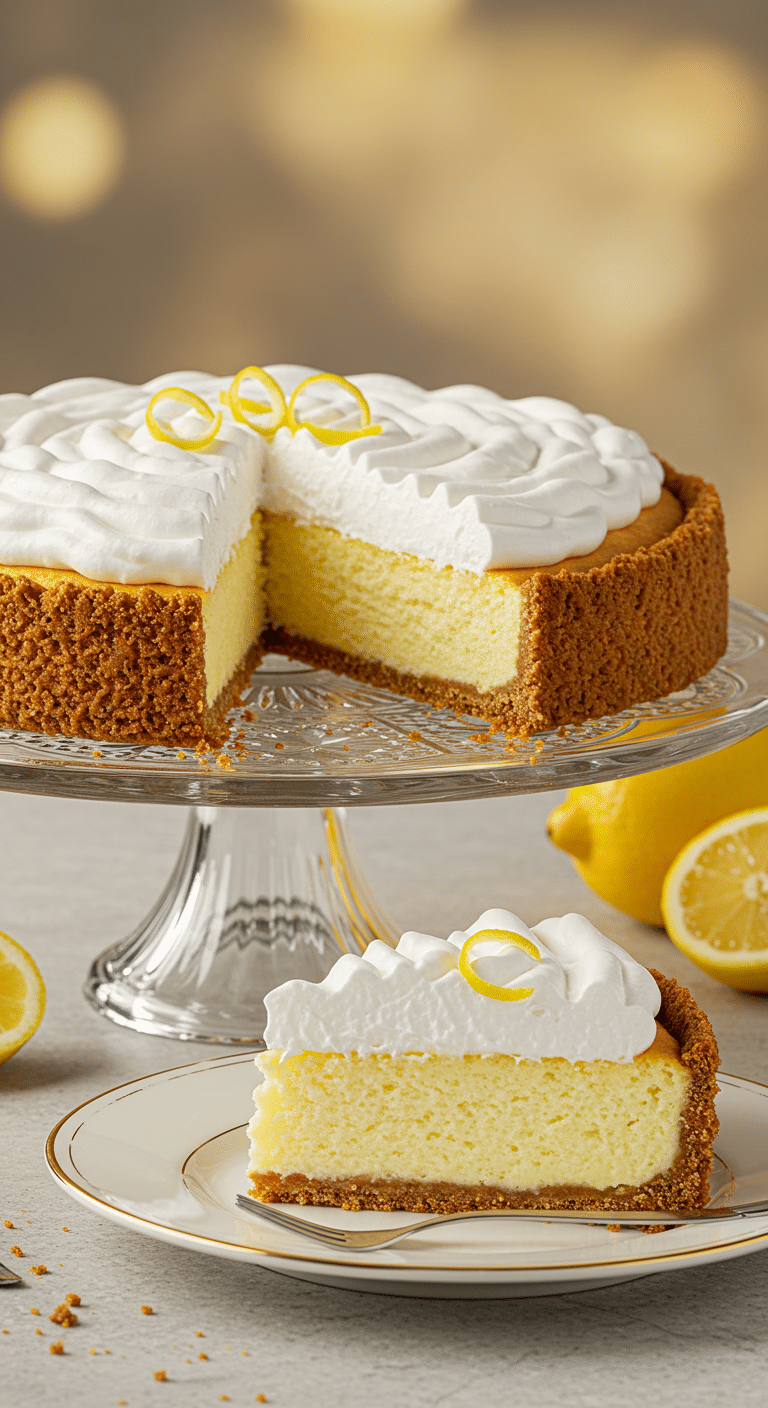 A beautiful, light and airy Lemon Chiffon Pie on a cake stand with one perfect slice removed.