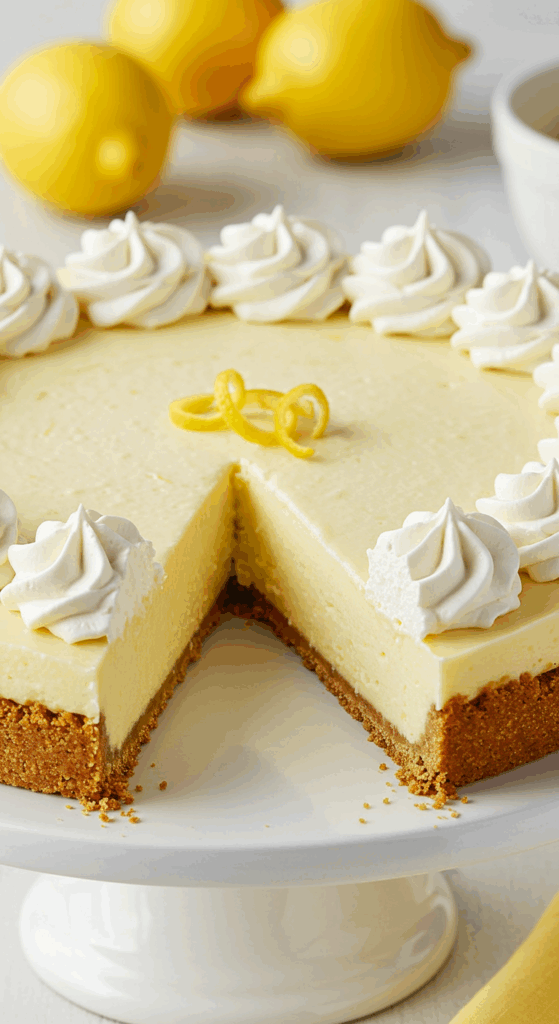 A beautiful and creamy No-Bake Lemon Icebox Pie with a slice removed, topped with whipped cream.