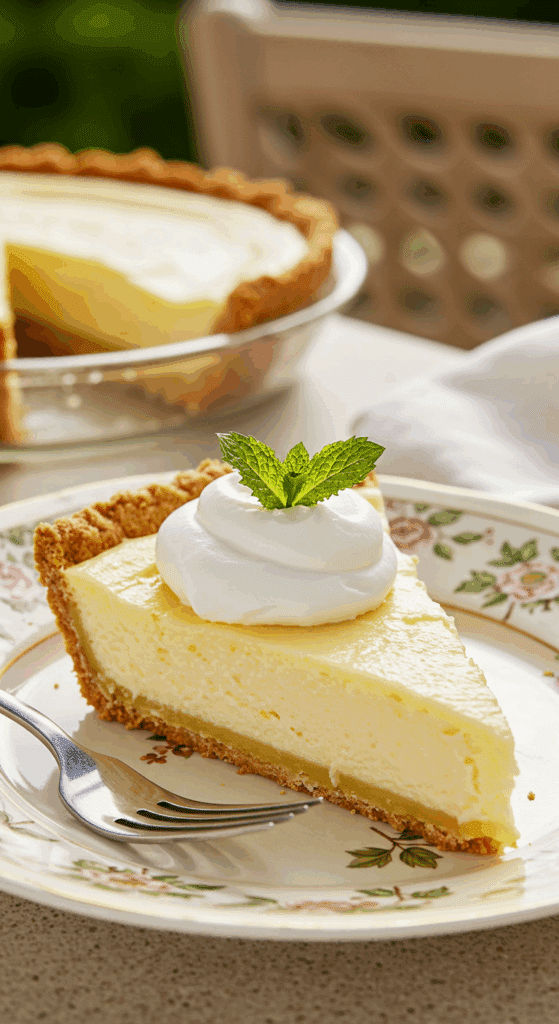 A perfect slice of Lemon Icebox Pie with whipped cream being enjoyed on a sunny day.