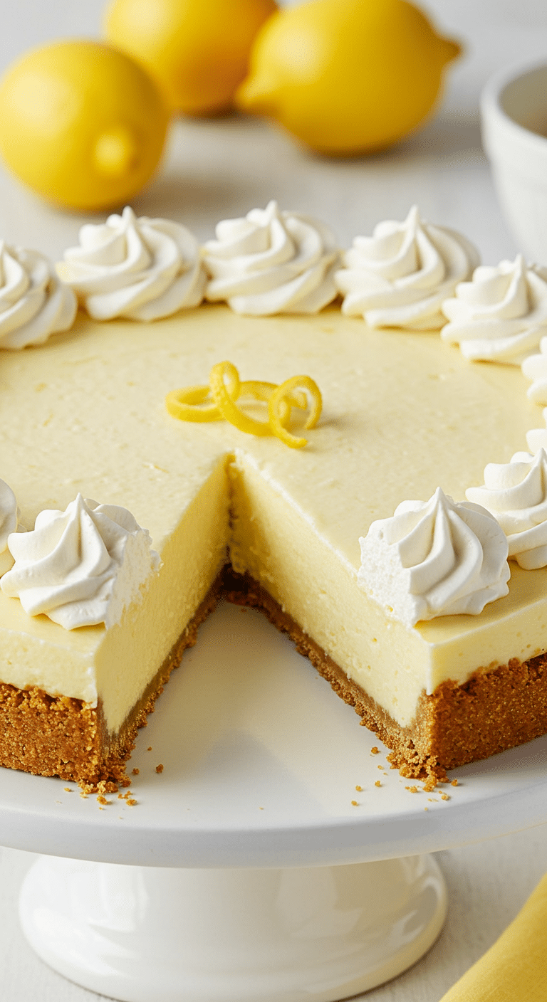 A beautiful and creamy No-Bake Lemon Icebox Pie with a slice removed, topped with whipped cream.