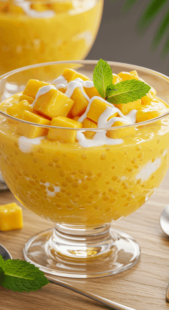 A beautiful glass bowl of creamy, refreshing Mango Sago, topped with fresh mango and coconut milk.