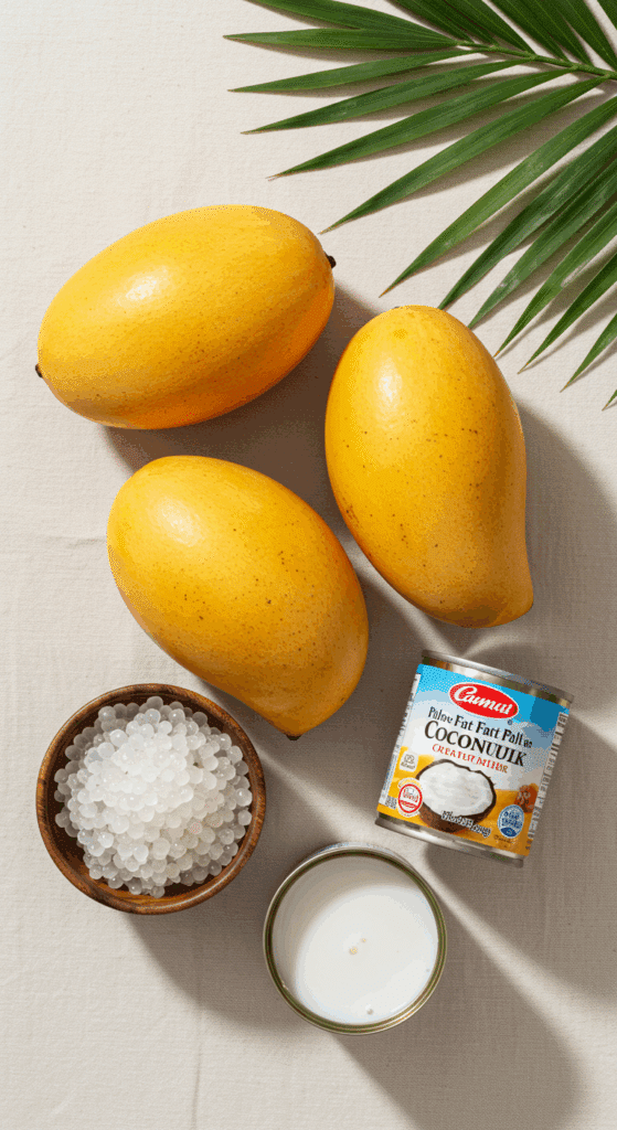 The fresh, tropical ingredients for the Mango Sago recipe: mangoes, sago, coconut milk, and condensed milk.