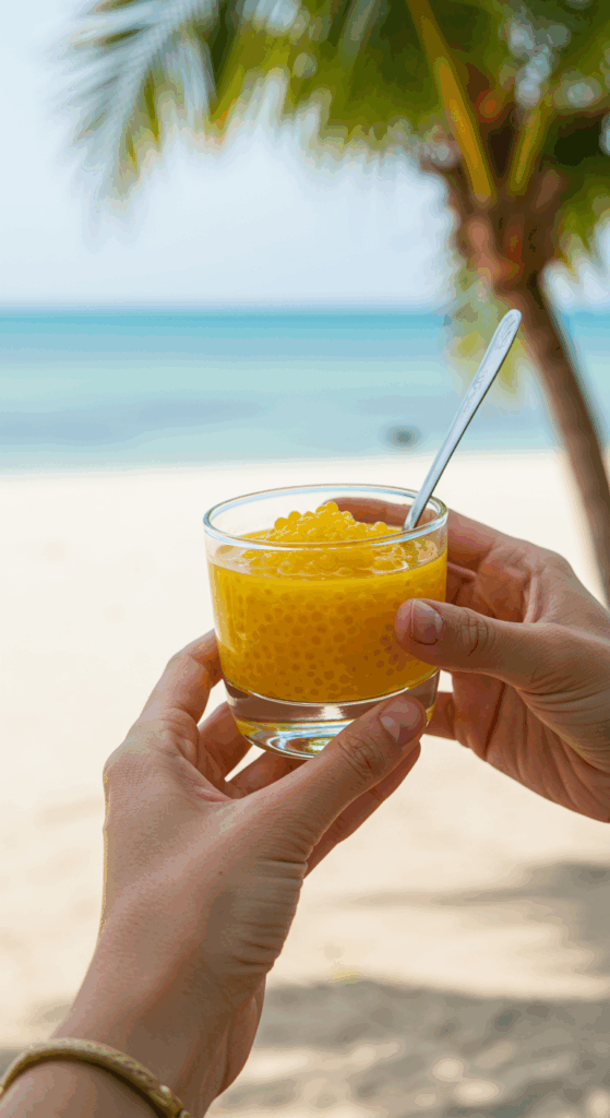 A person holding a refreshing glass of Mango Sago on a sunny, tropical vacation.