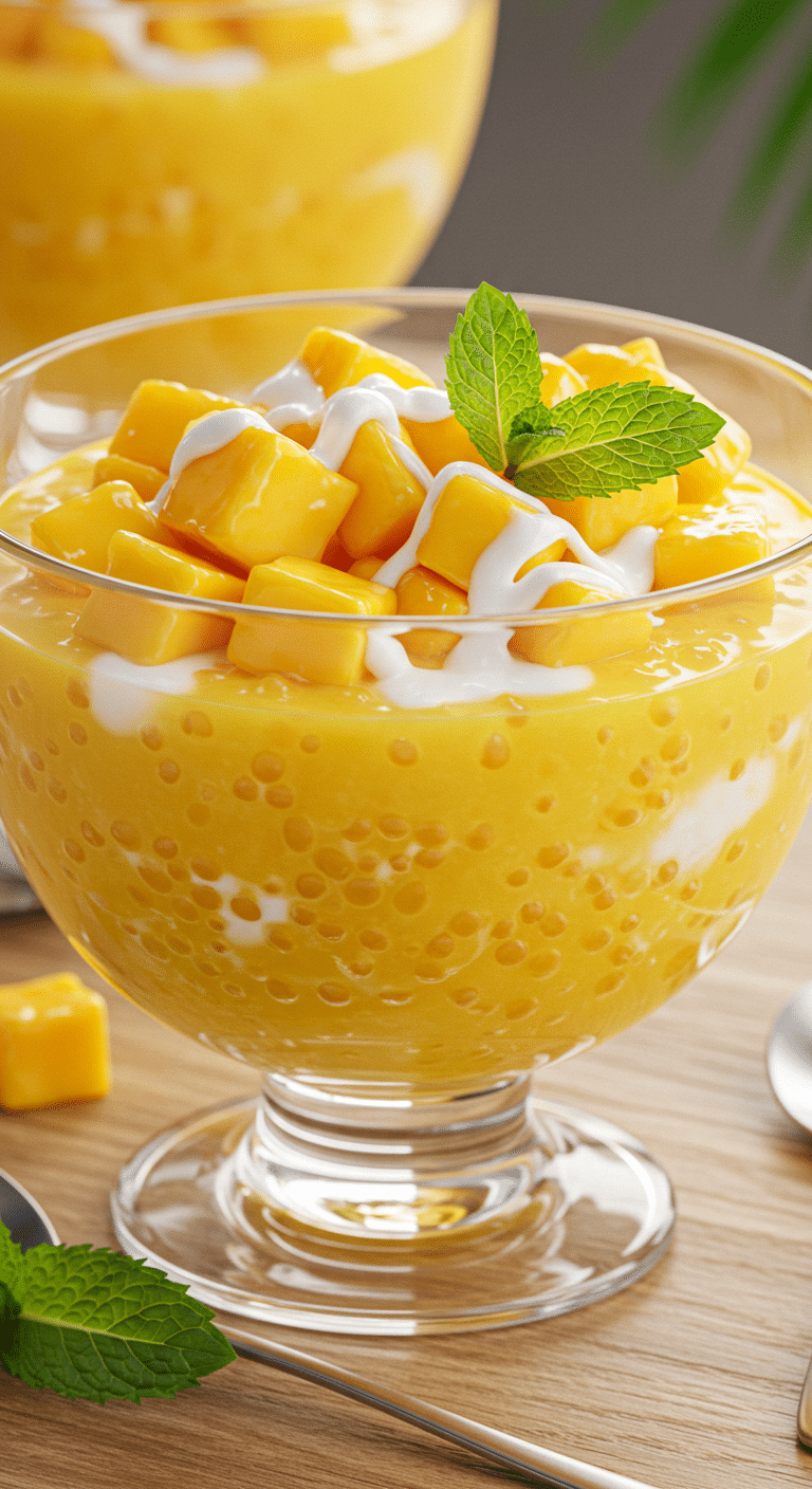 A beautiful glass bowl of creamy, refreshing Mango Sago, topped with fresh mango and coconut milk.