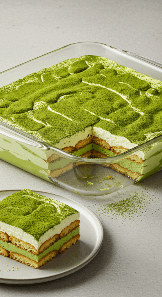 A beautiful, layered Matcha Tiramisu in a glass dish with a perfect slice removed to show the green cream layers.