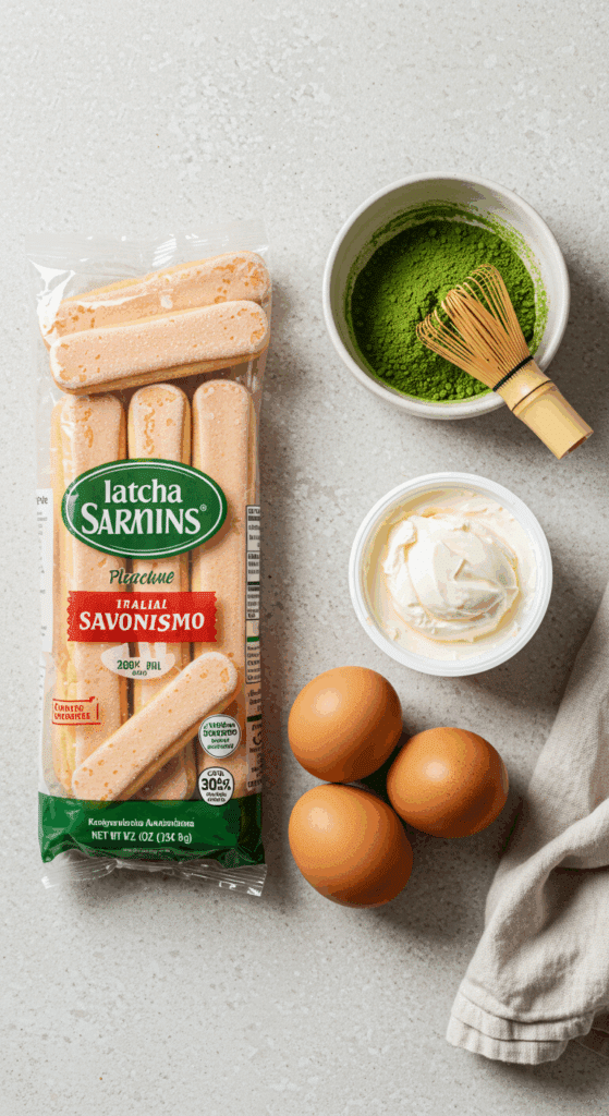 The high-quality ingredients for the Matcha Tiramisu recipe, including matcha powder and mascarpone