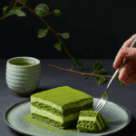 An elegant slice of Matcha Tiramisu being served with a cup of Japanese green tea.