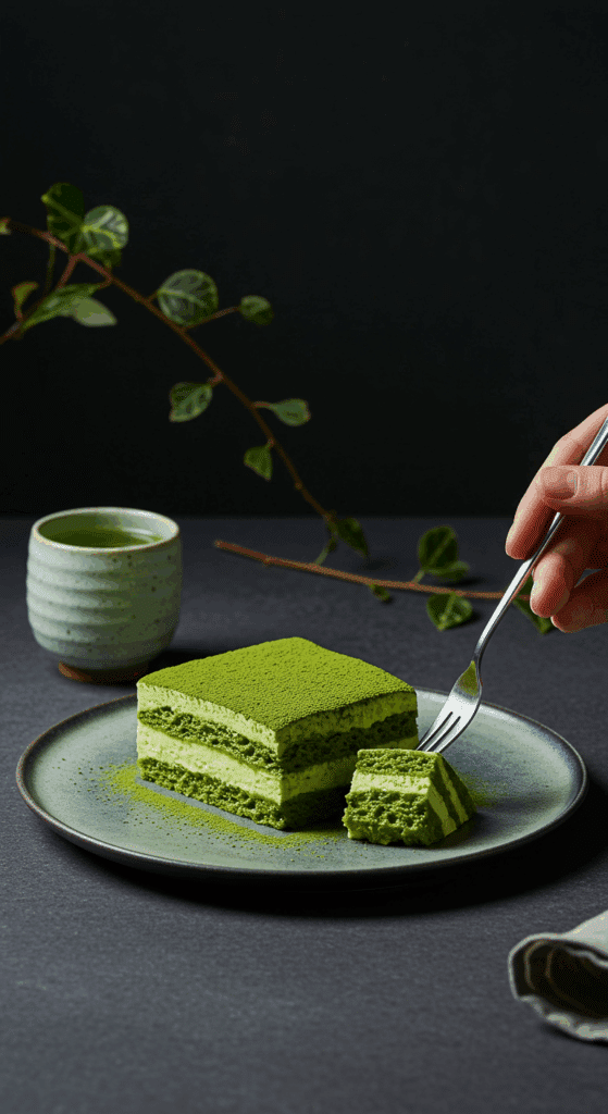 An elegant slice of Matcha Tiramisu being served with a cup of Japanese green tea.