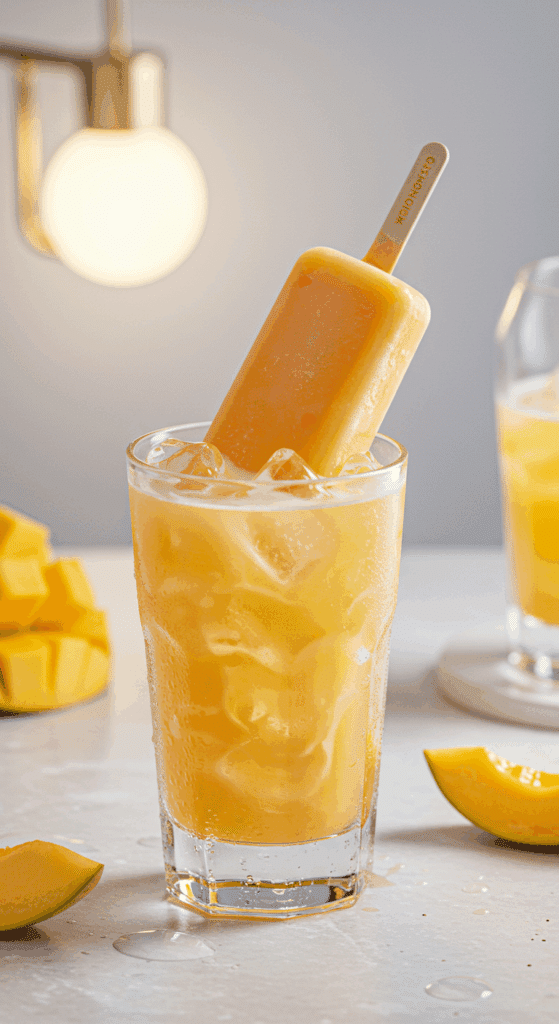 A tall, refreshing glass of the viral Mango Melona Soju Cocktail with a whole ice cream bar inside.
