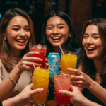 A group of happy friends enjoying their Mango Melona Soju Cocktails at a party.