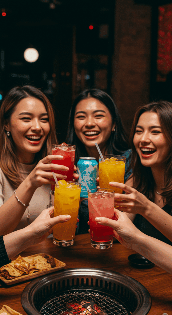 A group of happy friends enjoying their Mango Melona Soju Cocktails at a party.