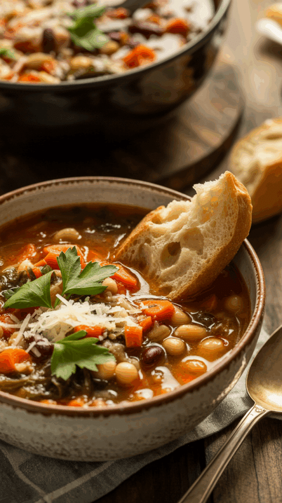 A rustic, hearty bowl of Winter Minestrone soup with a piece of crusty bread for dipping.