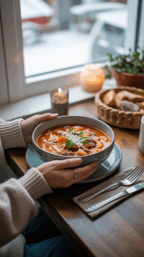 A person holding a warm, comforting bowl of Winter Minestrone on a cold day.