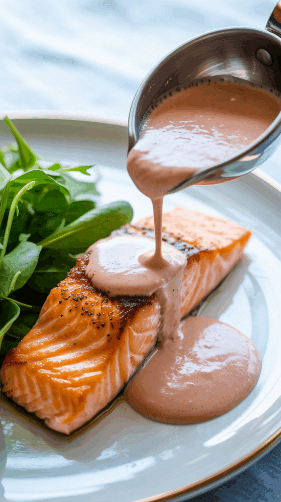 A plate of perfectly Pan-Seared Salmon with a creamy rosé butter sauce.