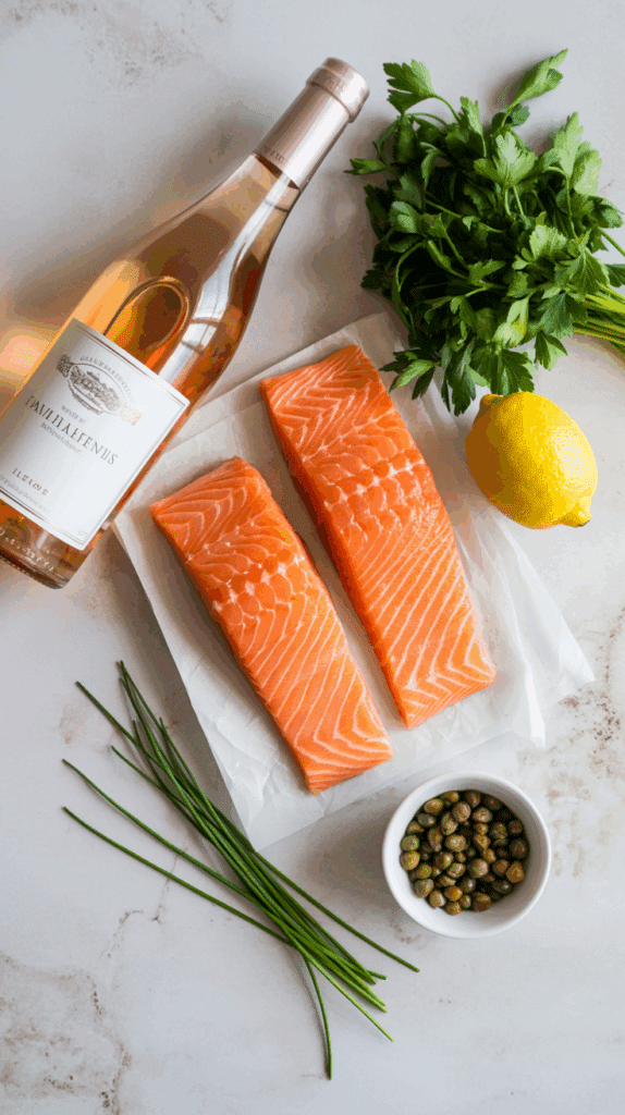Fresh ingredients for the Pan-Seared Salmon with Rosé Sauce.