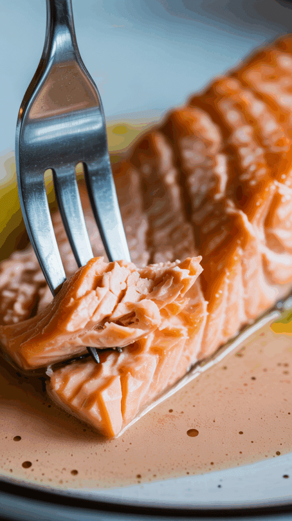 A fork flaking a piece of the juicy, finished Pan-Seared Salmon.