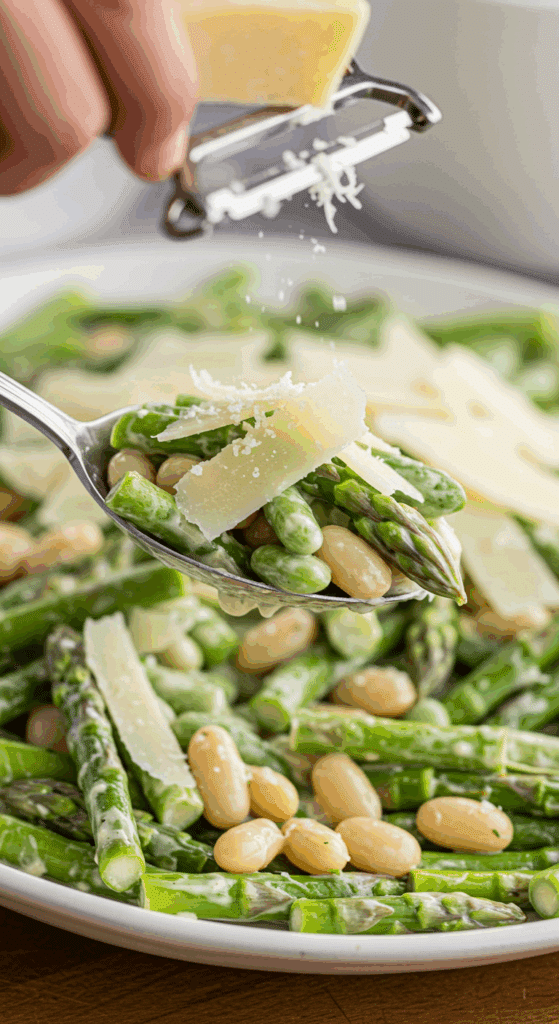 Garnishing the finished Parmesan Asparagus Salad with fresh shavings of Parmesan cheese.