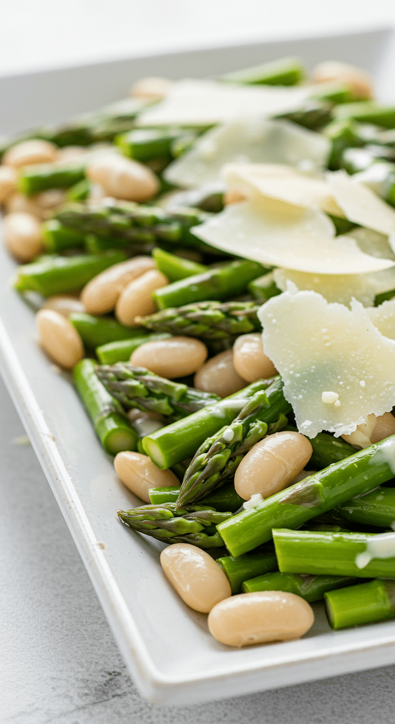 A platter of homemade, warm Parmesan Asparagus and Butter Bean Salad.