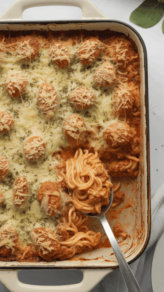 A bubbly, golden-brown Chicken Sausage, Pepper and Onion Pasta Fake-Bake in a baking dish.