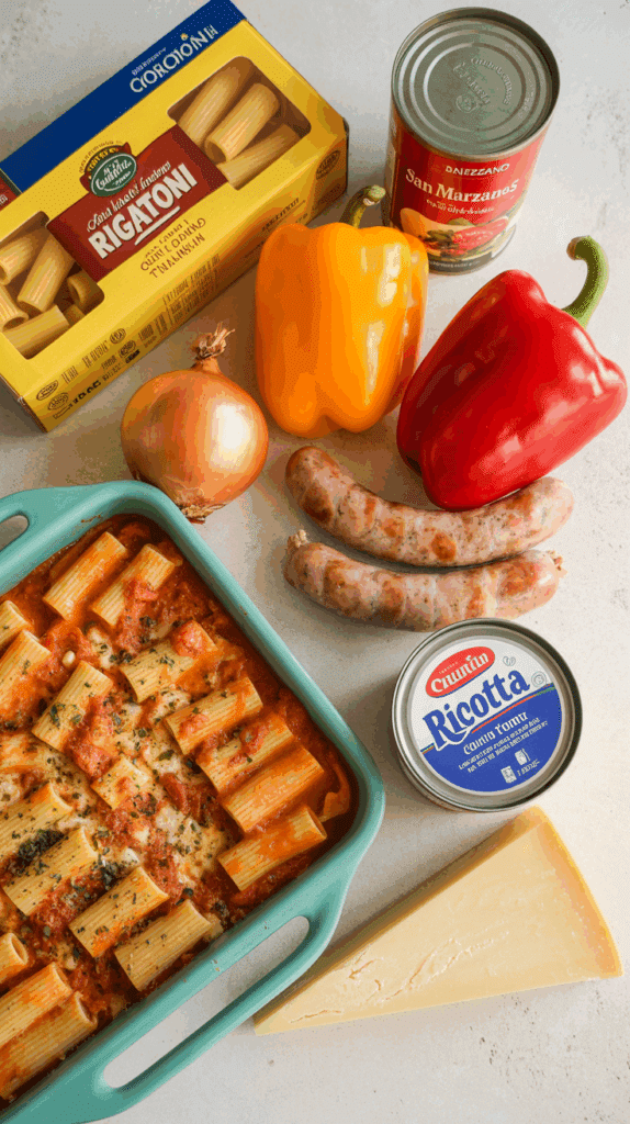 The fresh ingredients for the Chicken Sausage, Pepper and Onion Pasta Fake-Bake.