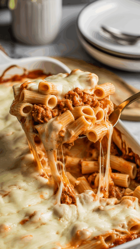 A cheesy scoop of the Chicken Sausage Pasta Fake-Bake being served from the dish.
