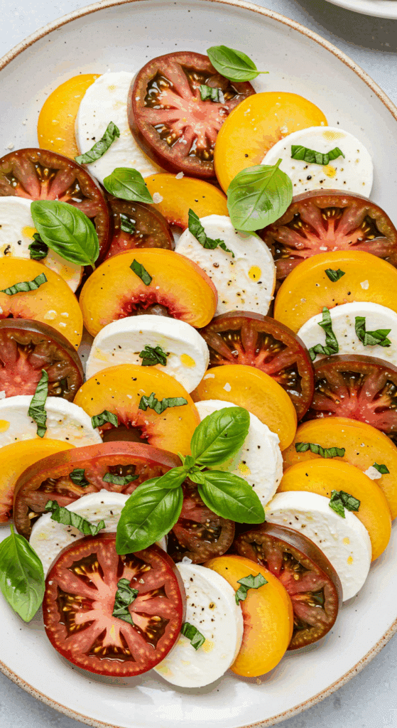 A beautiful, fresh, homemade Peach Caprese Salad on a platter.