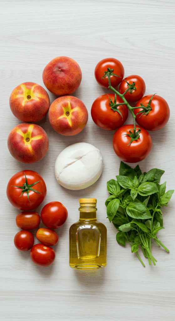 Fresh ingredients for the easy Peach Caprese Salad.